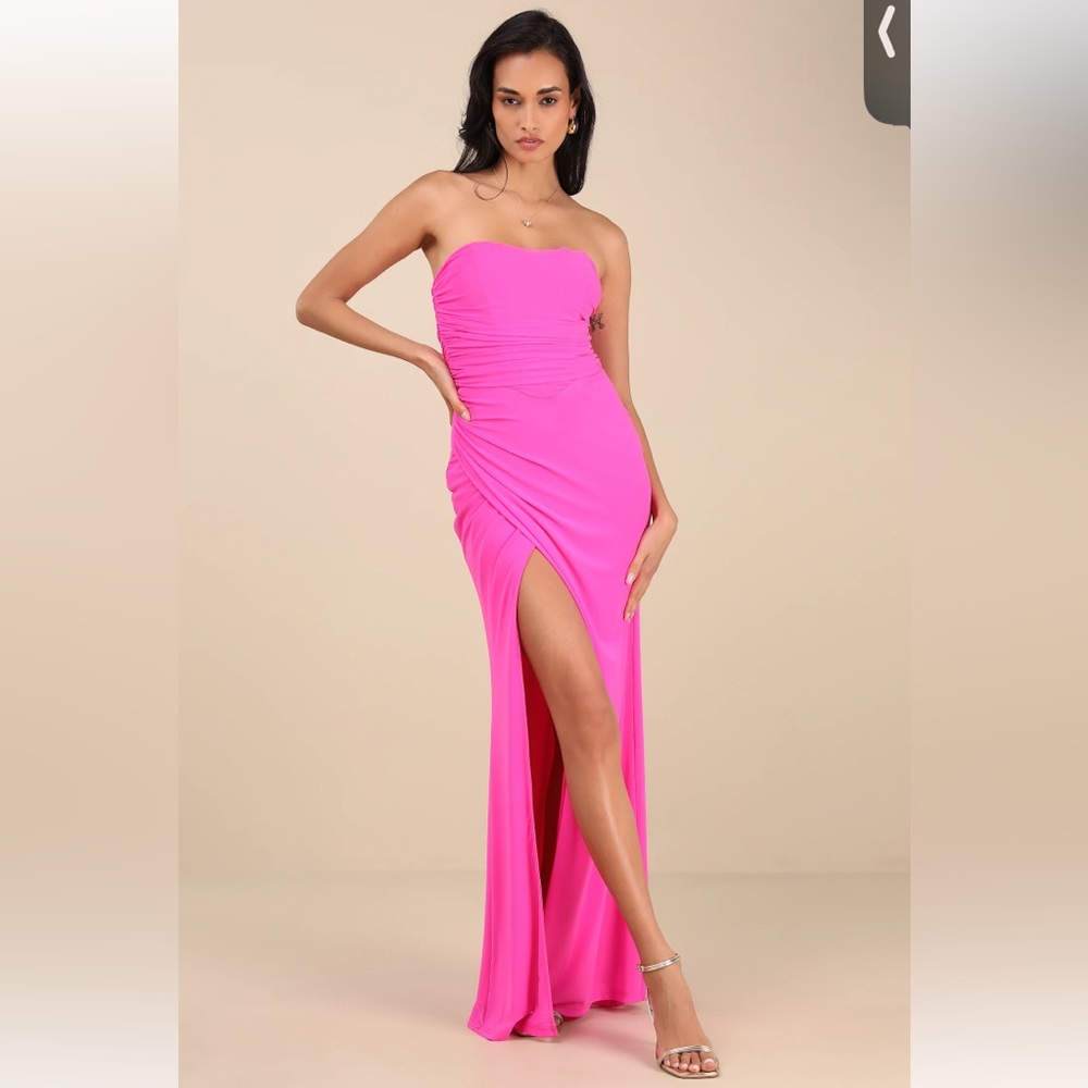 NWT Lulus Epitome of Allure Hot Pink Mesh Strapless Ruched Maxi Dress